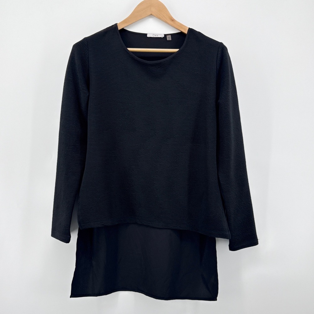 Dex Women Black Textured Long Sleeve Hi-Low Mixed Media Tunic Top Medium‎